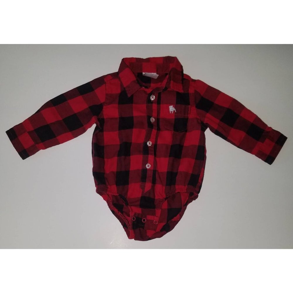 Baby Bum Red Black Buffalo Plaid Bodysuit Infant 12 Months Embroidered Bulldog